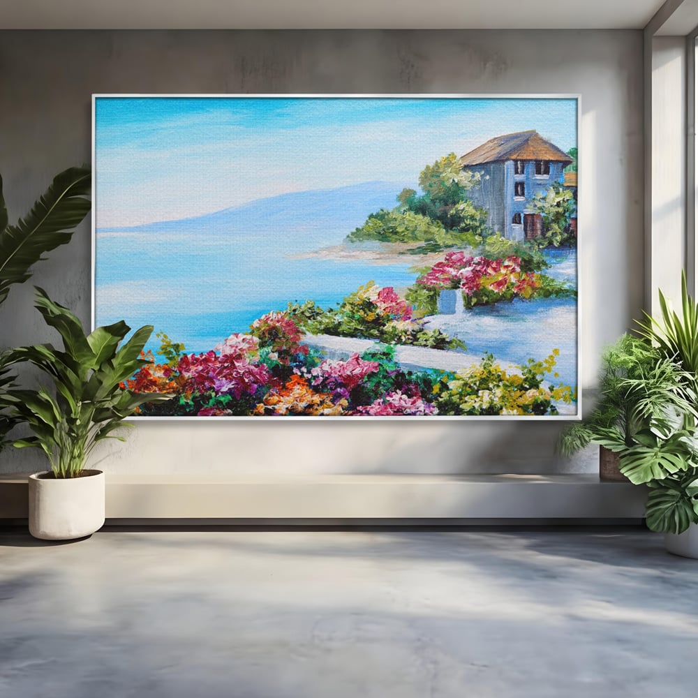 Tablou canvas cu tablou pictura cu flori si mare, in rama de aluminiu argintiu